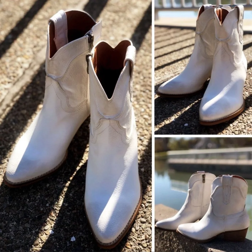 White Faux Leather Ankle Booties Distressed Block Heel Womens Size 11 Boots - Picture 5 of 12